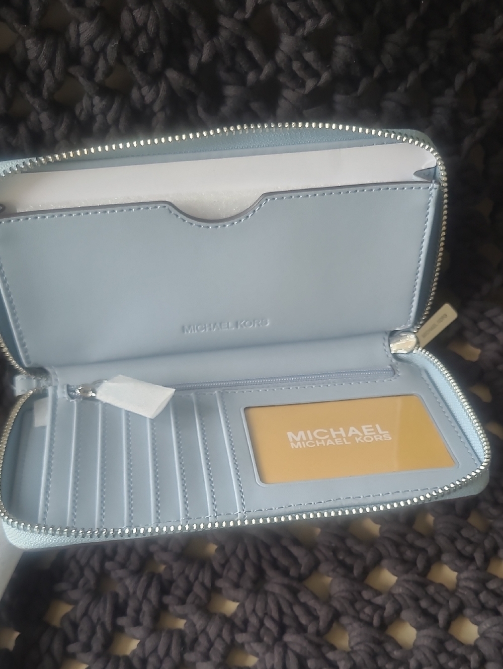 Michael Kors Light Blue Pebbled Leather Zip Wallet with Silver Logo (NWT)